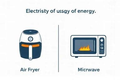 Infographic icons of air fryer and microwave with energy meters.